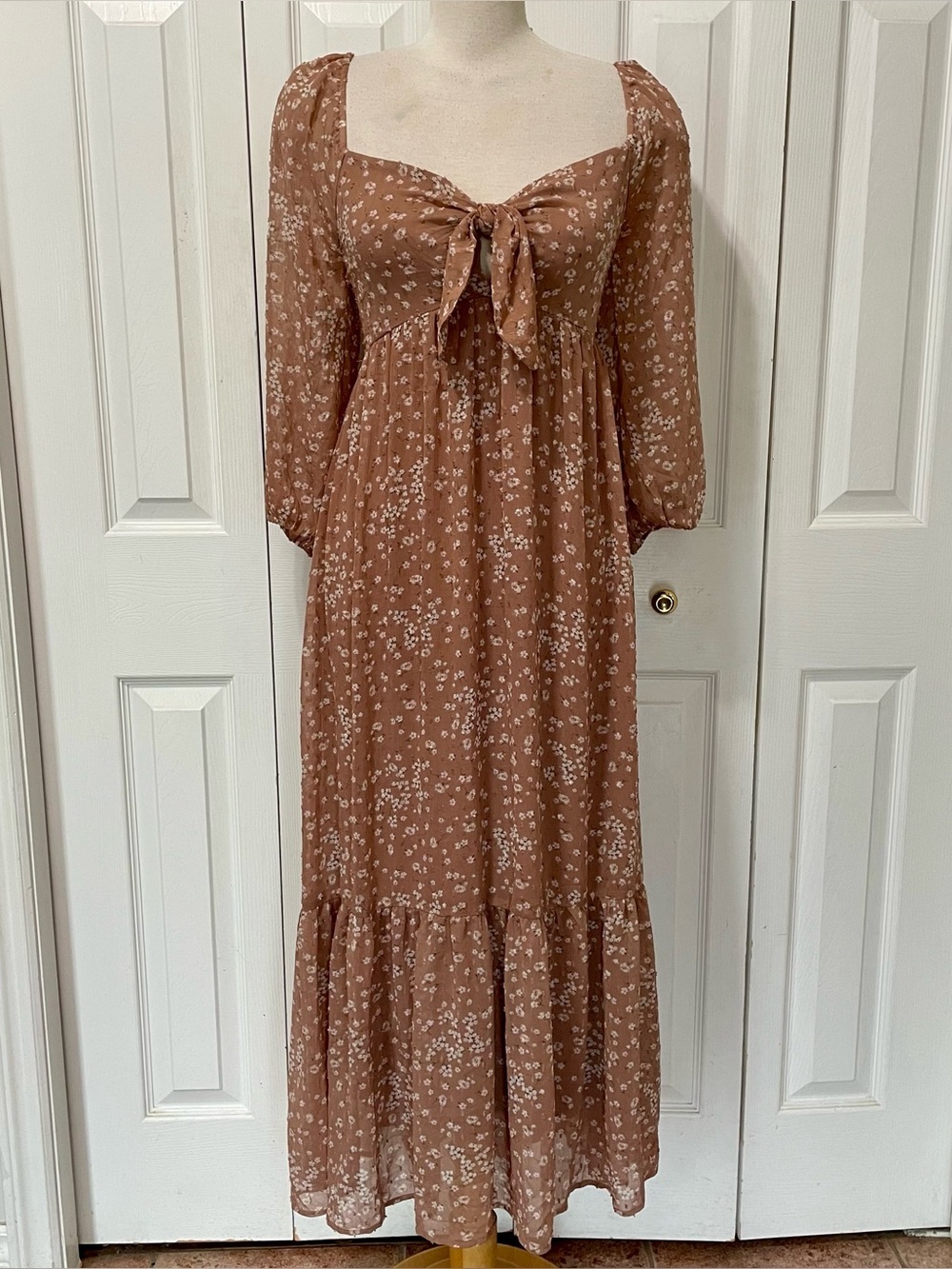 Lush Brown Floral Tie-Front Maxi Dress